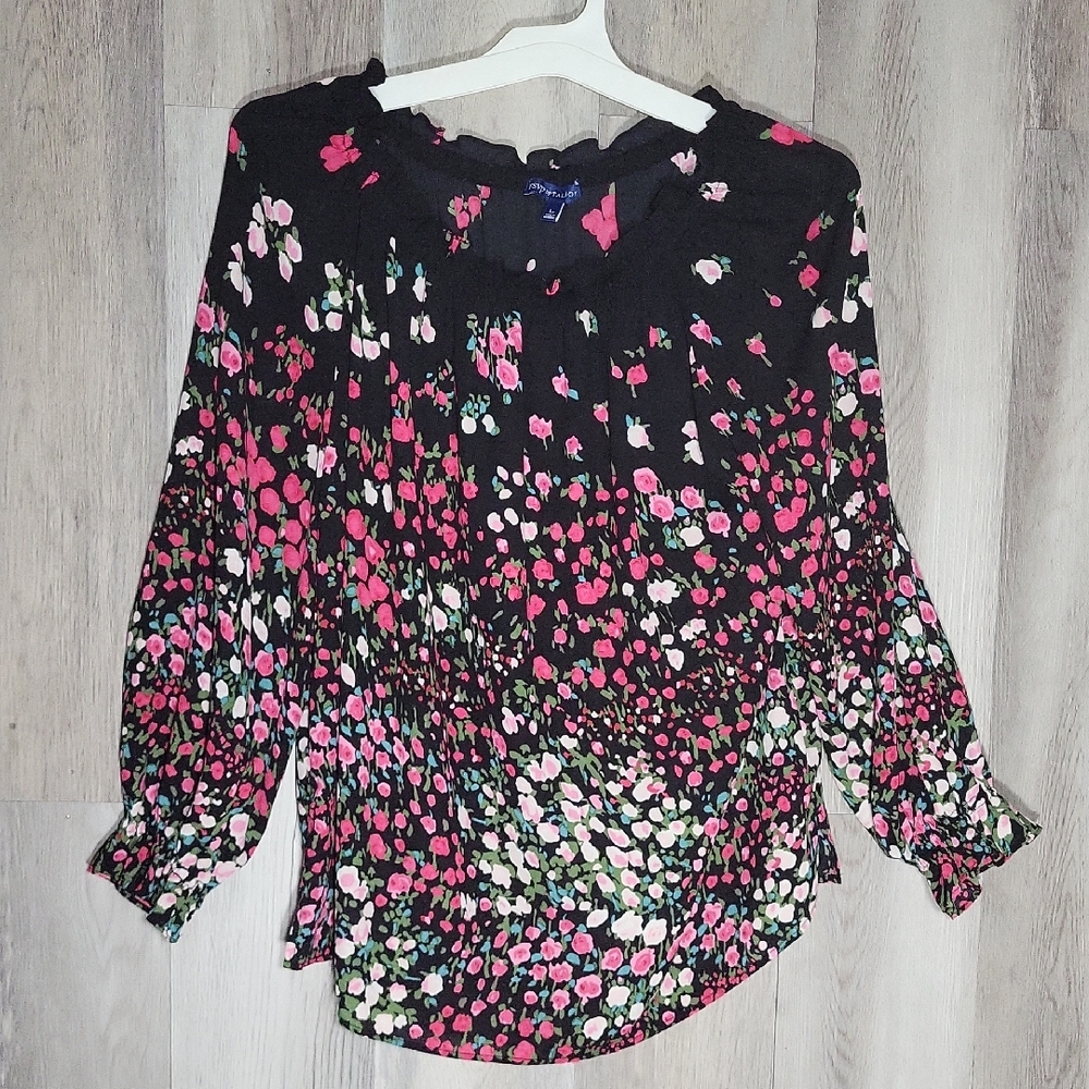 RSVP By Talbots Womens‎ Large Petite Floral Blouse Cinched Ruffle Neck Flowy